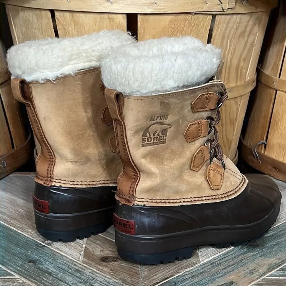Sorel Alpine Tan Leather Faux Fur Waterproof Vintage Snow Boots Womens Size 6